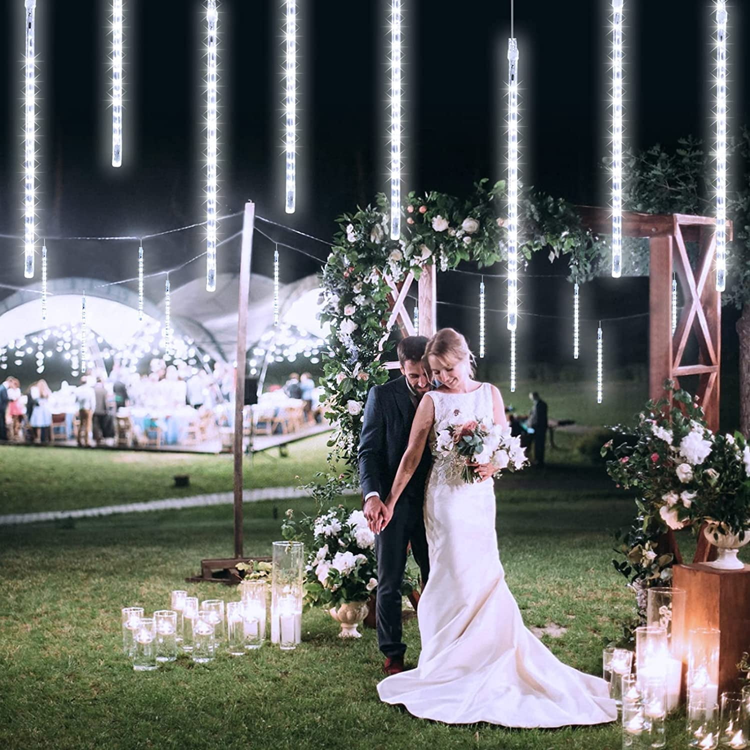 TiokMc Falling Rain Fairy String Lights, 10cm 10 Tube 200 LED Meteor Shower Light, Waterproof Snow Falling Icicle Cascading Lights for Xmas Wedding Party Tree Holiday Decor, White - Image 4