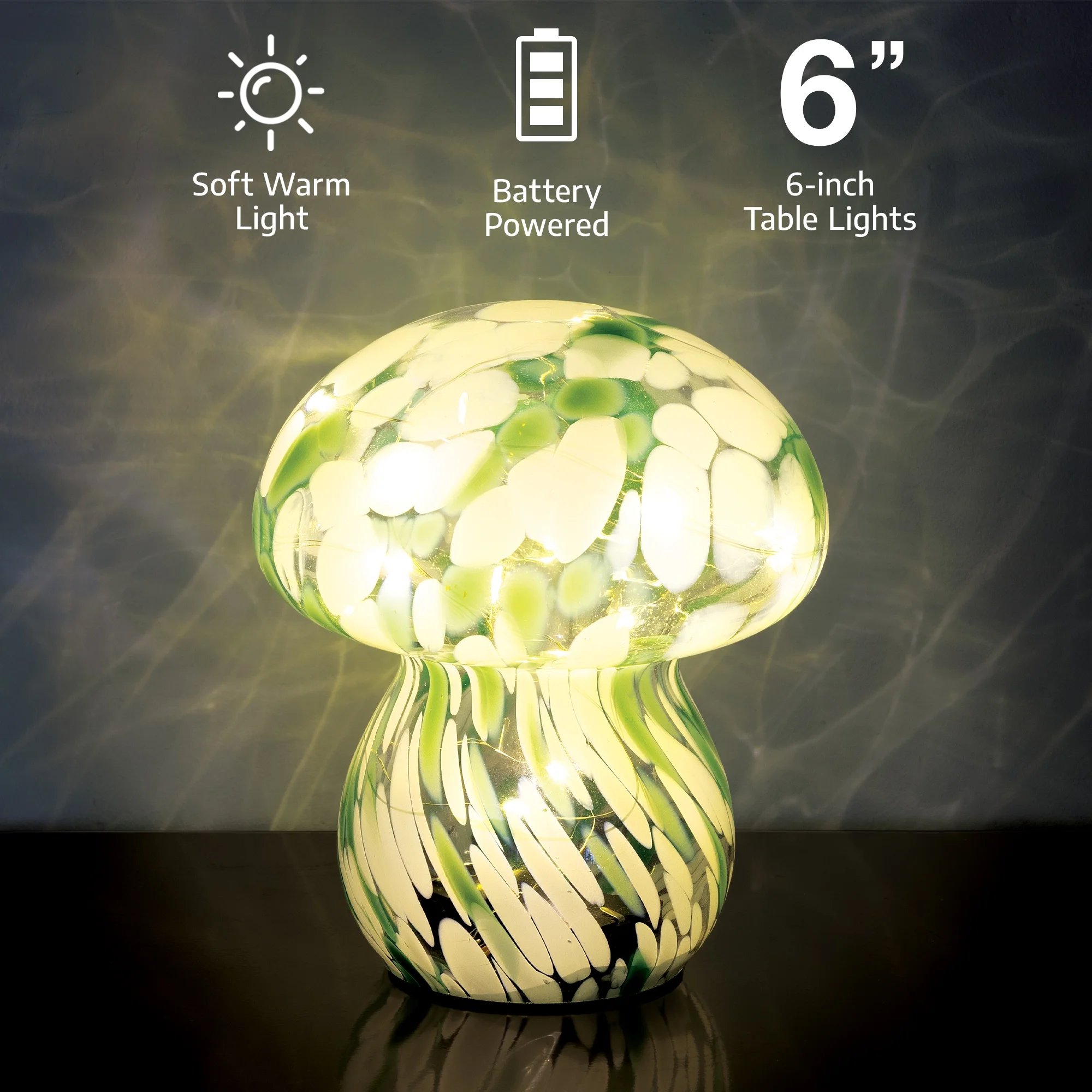 BrightSide Mushroom Confetti Glass Lamp - Sage/White, Battery-Powered Fairy Lights - Image 3