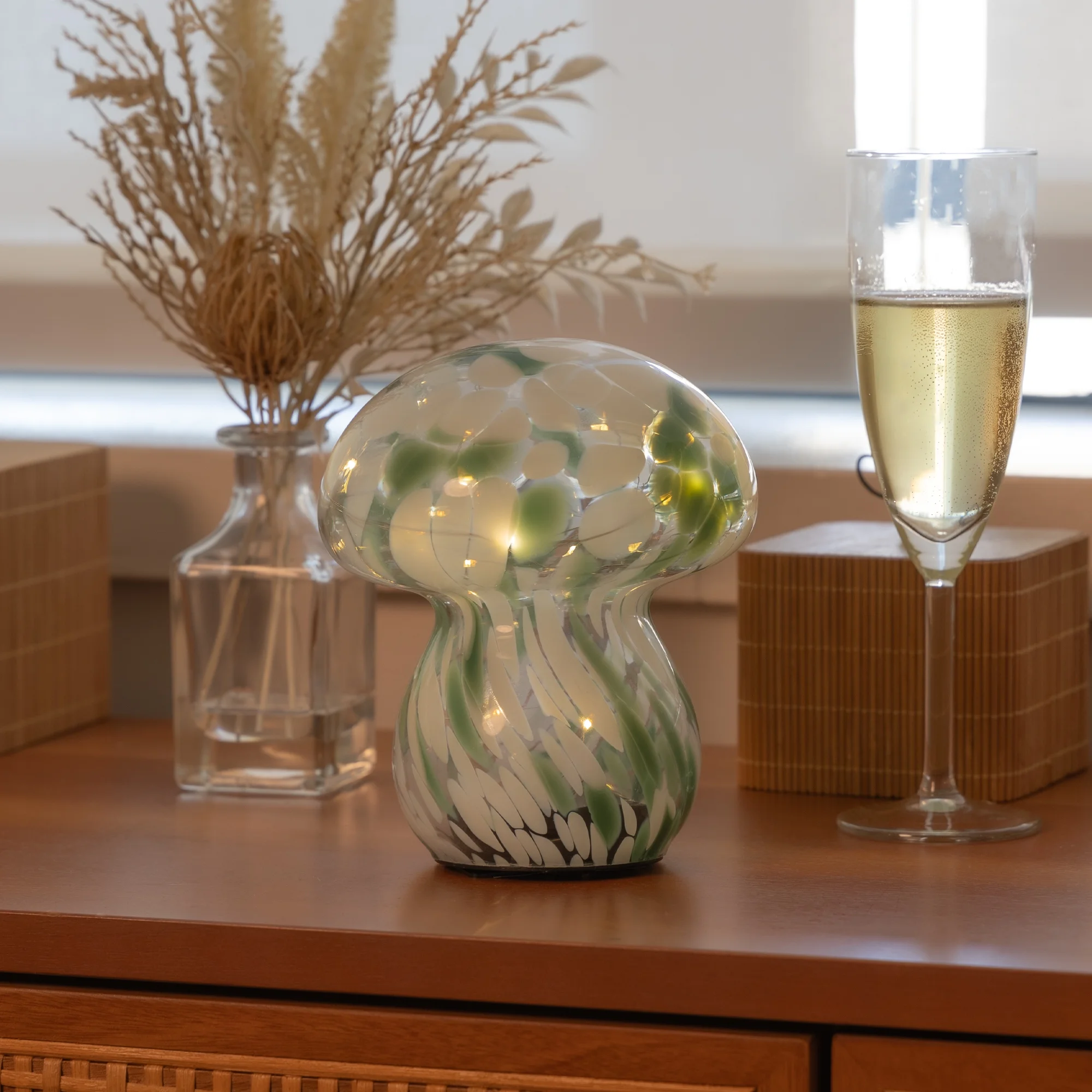 BrightSide Mushroom Confetti Glass Lamp - Sage/White, Battery-Powered Fairy Lights - Image 4