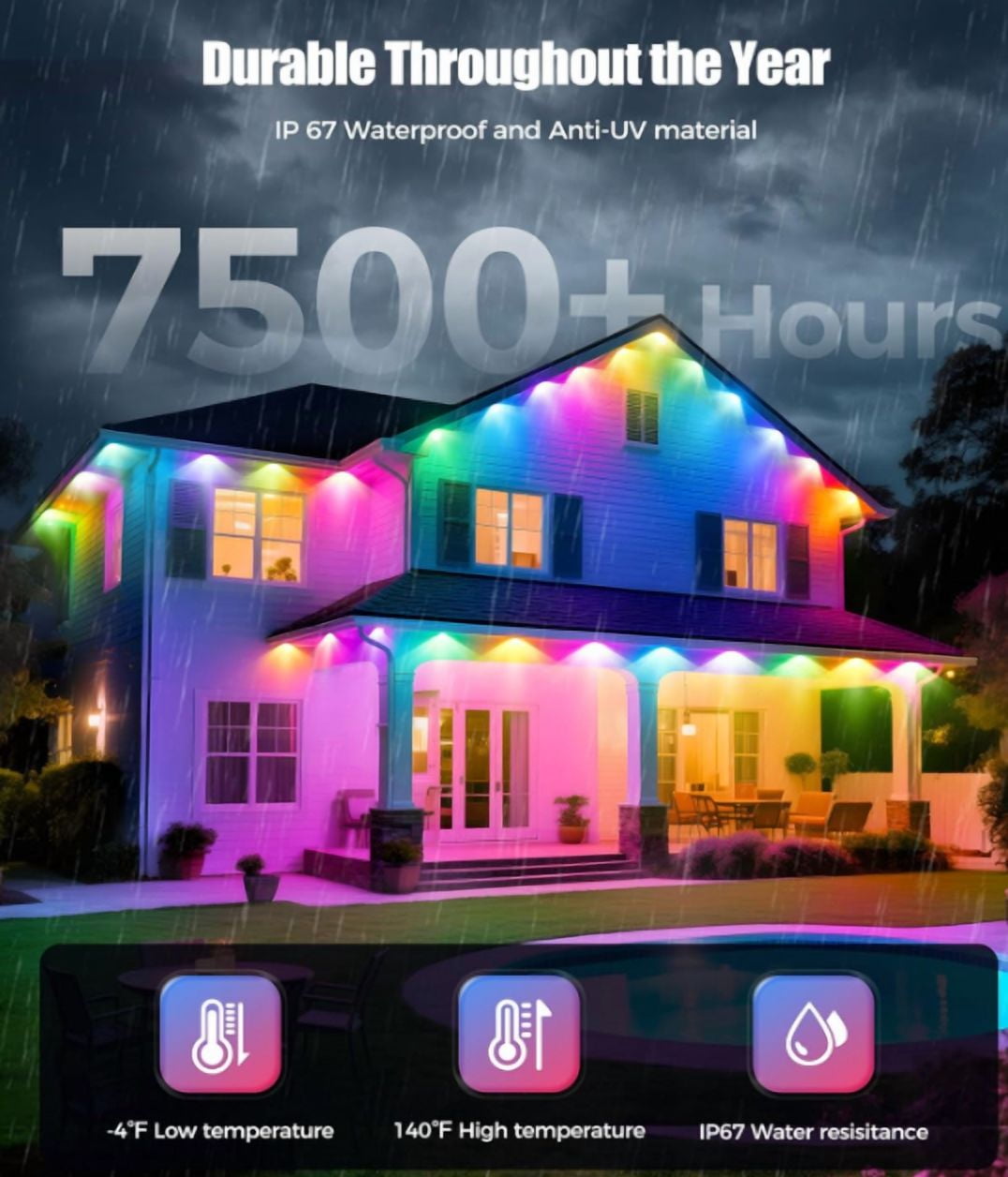Permanent Outdoor Lights for House, 200ft RGB+IC Smart Outdoor Decor, 50 Scene Modes, App/Remote Control, IP68 Waterproof, for Christmas, Holiday, Daily & Pool Party Decor, House Roof Lighting - Image 2
