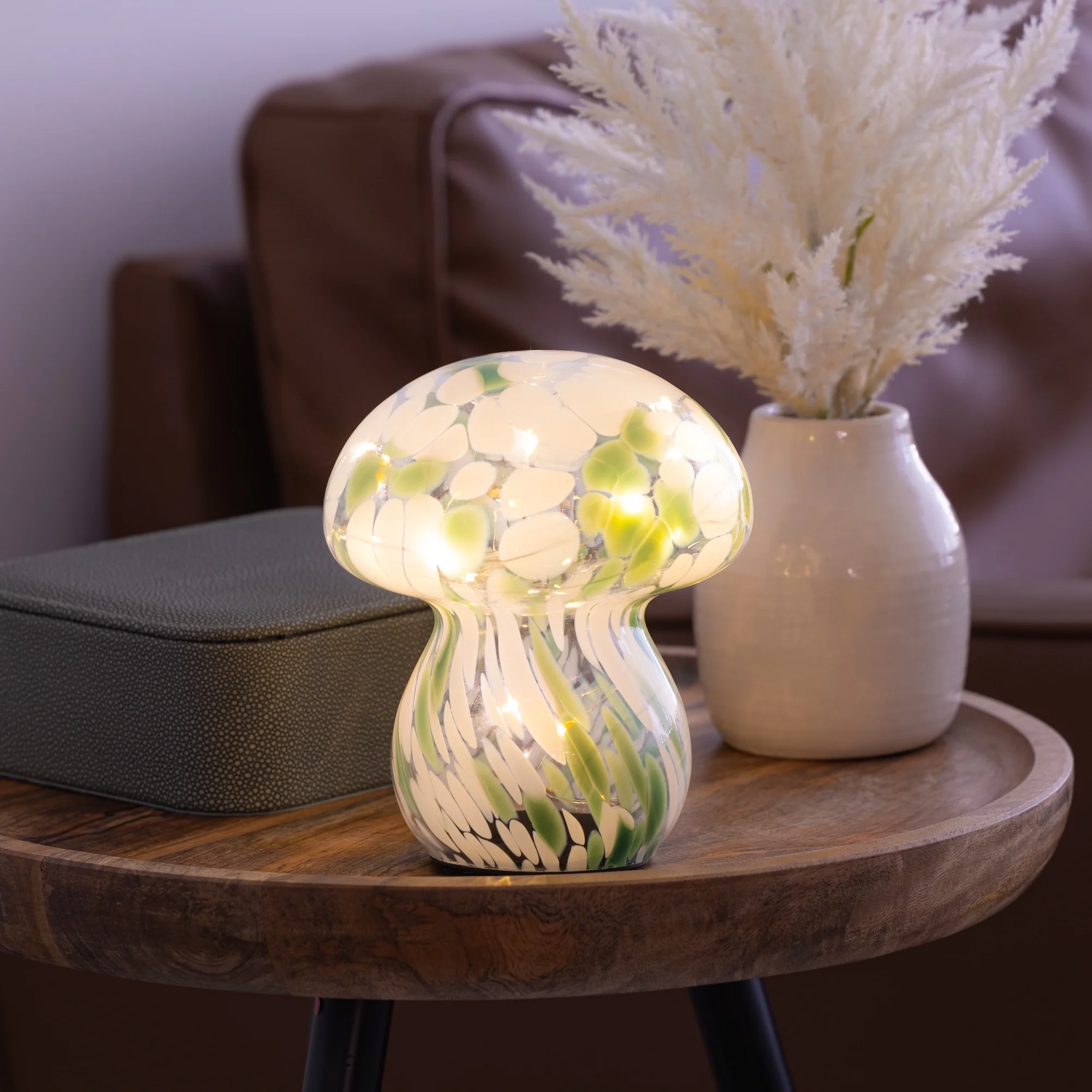 BrightSide Mushroom Confetti Glass Lamp - Sage/White, Battery-Powered Fairy Lights - Image 6