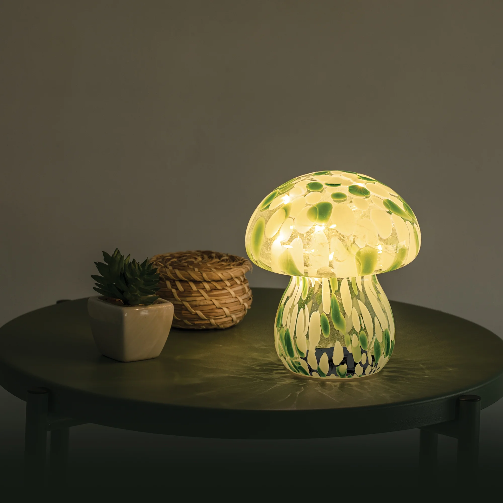 BrightSide Mushroom Confetti Glass Lamp - Sage/White, Battery-Powered Fairy Lights - Image 7