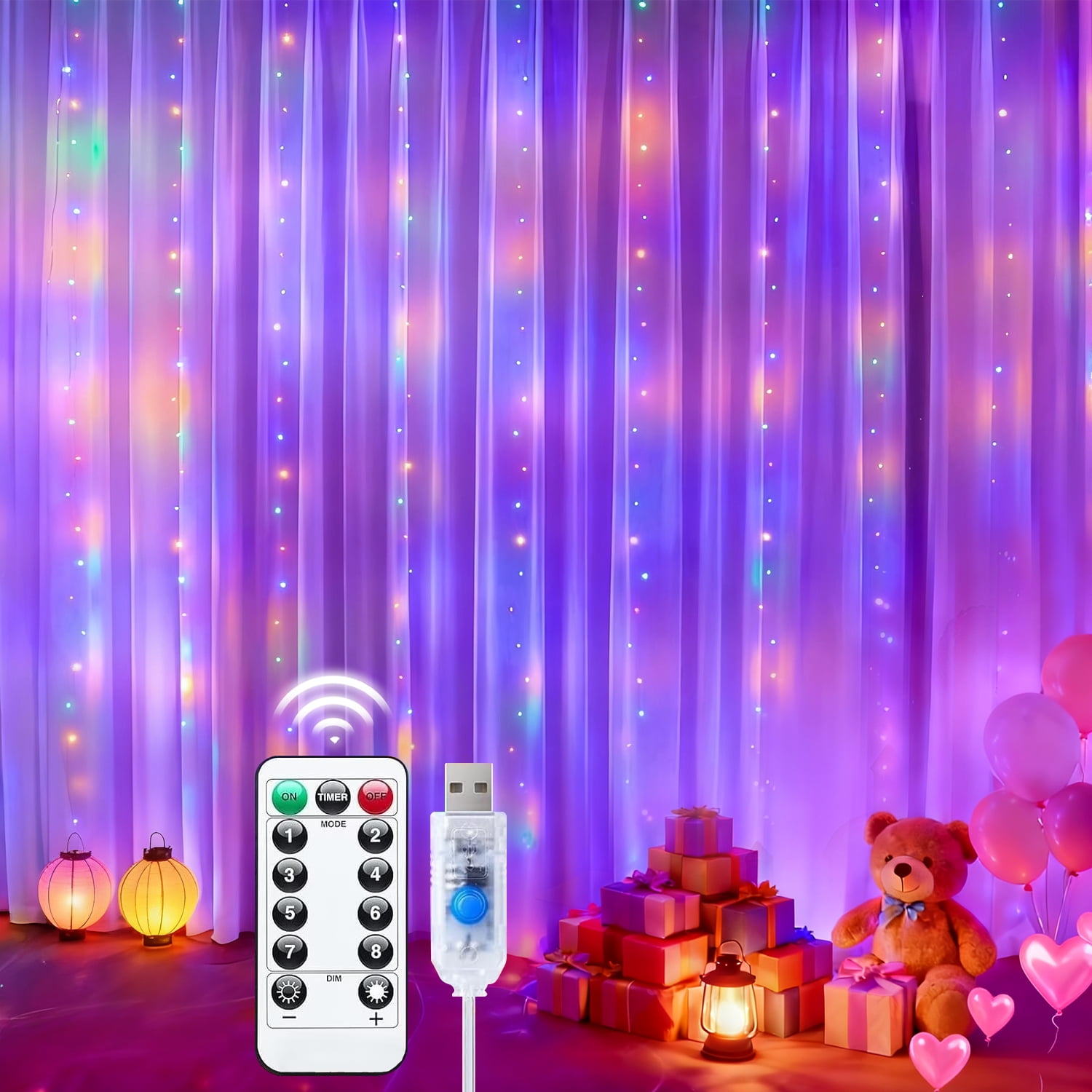 PUCACHI 300 LED Fairy Curtain Lights, 9.8ft x 9.8ft Christmas Lights with Remote Control - 8 Lighting Modes, USB Powered Waterproof String Lights for Christmas, Garden, Party Decoration