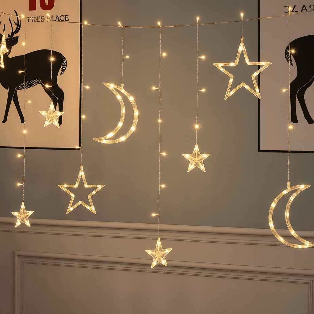 Mainstays 144-Count Indoor Battery-Operated Curtain Lights with Stars and Moons, Warm White LED, 6 ft Lighted Length