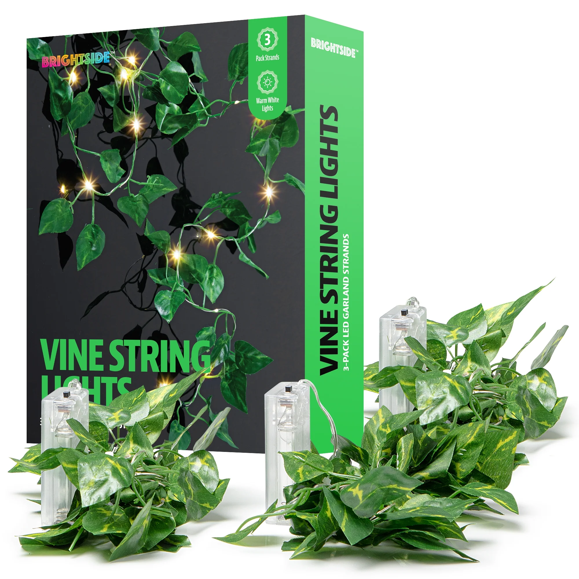 BrightSide 3-pack LED Ivy Garland Lights, 7ft Faux Vines, Warm White LEDs, Battery Operated