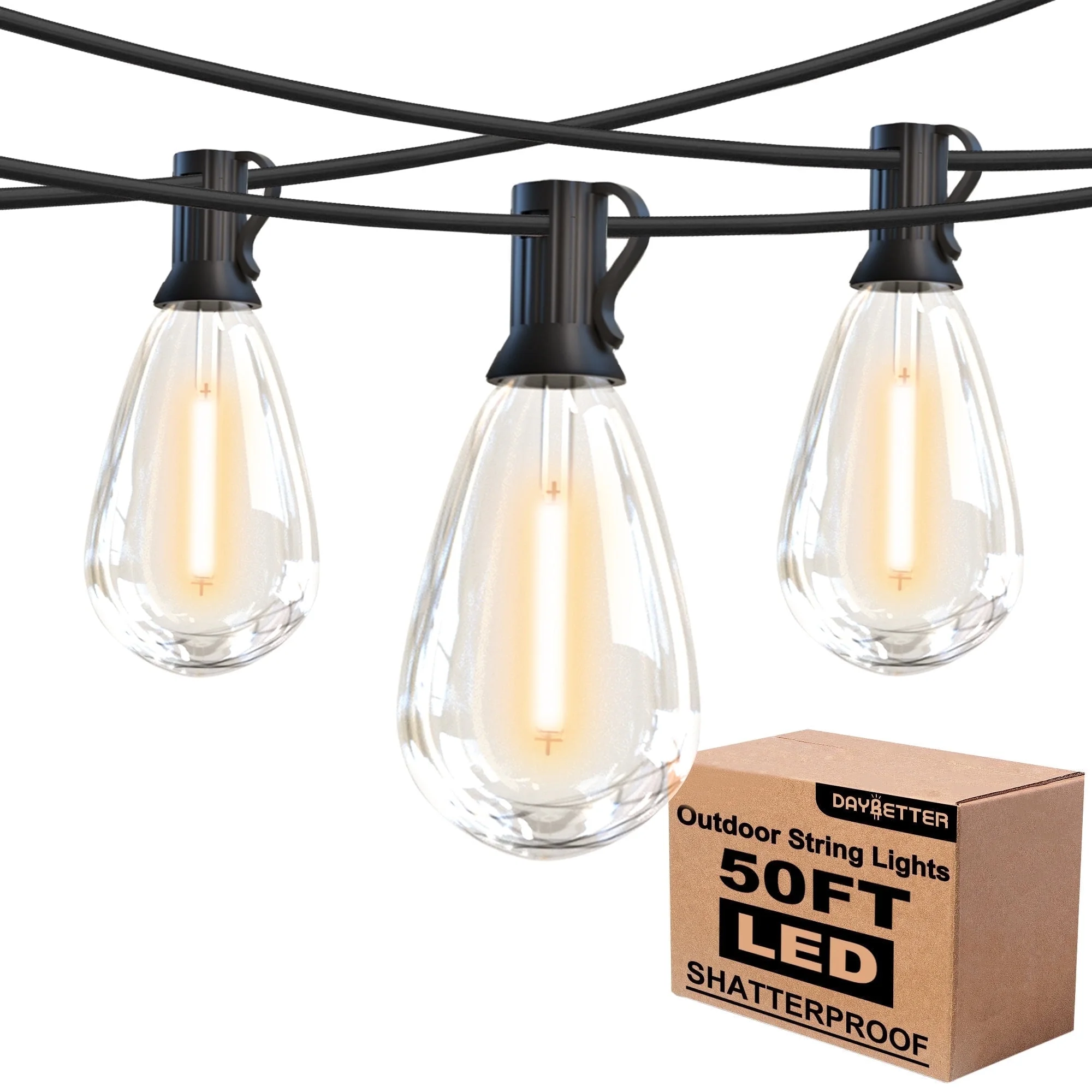 DAYBETTER LED Outdoor String Lights, 50ft Connectable S14 LED Patio Lights with 12 Edison Vintage Bulbs, for Backyard