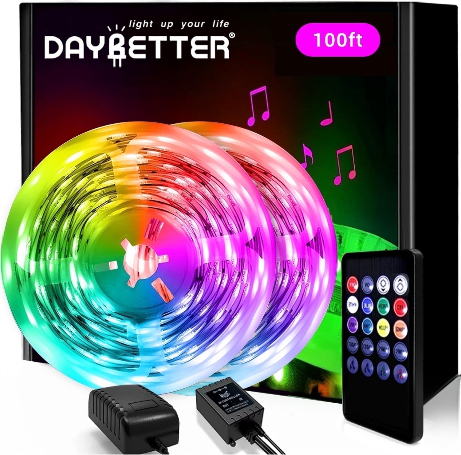 DAYBETTER 100ft LED Strip Lights,2 Rolls of 50ft Music Sync RGB Color Changing Strip Lights with IR Remote for Bedroom Decoration