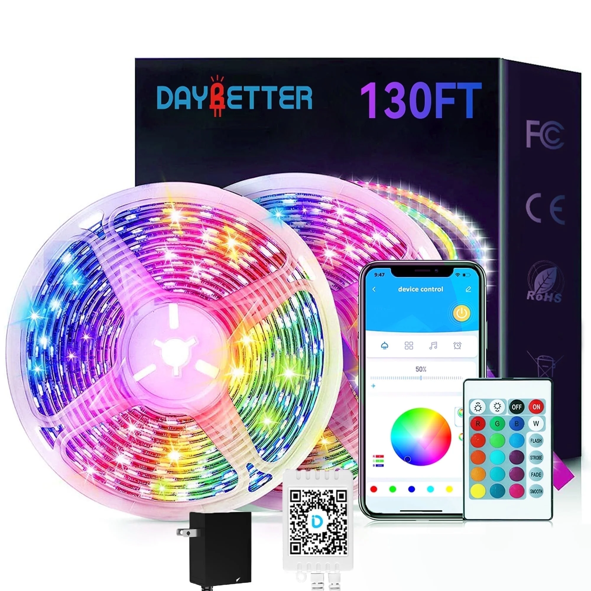 DAYBETTER 130ft Led Light for Bedroom,Music Sync RGB Color Changing Strip Lights with APP and 24 Key Remote Control, Perfect for Indoor Decor(2 Rolls of 65.6ft)