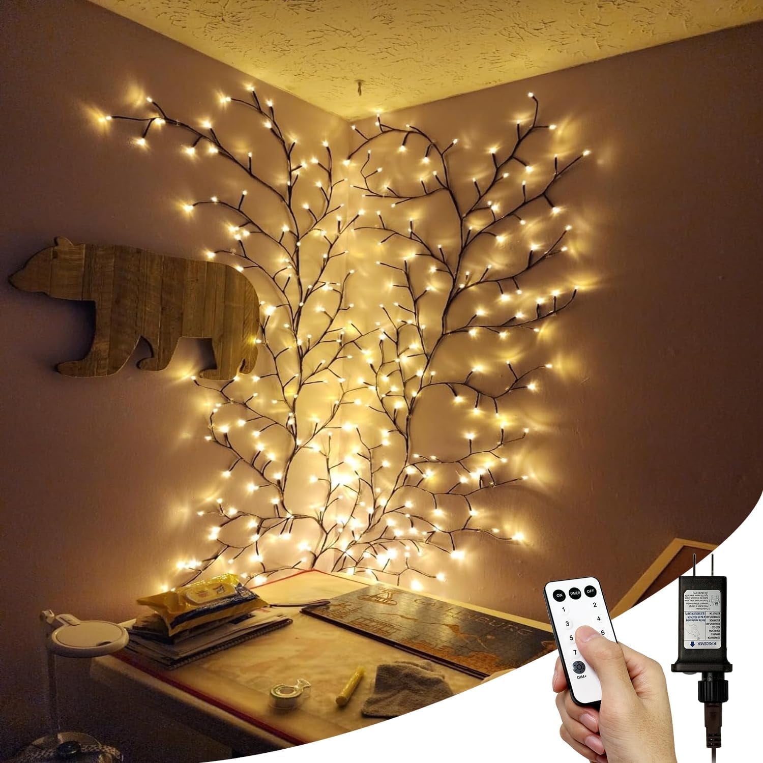 Enchanted Willow Vine Lights with Remote, Christmas Swags Decorations Indoor Room Decor, 18 Branches 144 LEDs Lighted Willow Vine Lights for Walls Bedroom Home Decor, Brown Branch