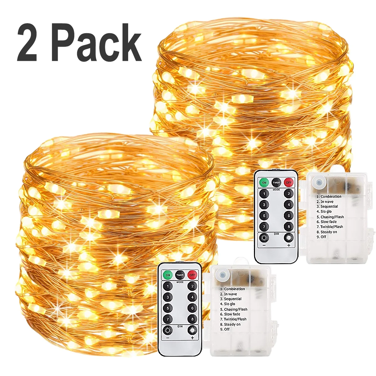 Gluaae LED Fairy Lights Battery Operated - 33Ft 100 LED Copper Wire String Lights with Remote Timer 8 Modes | Twinkle Lights for Christmas Wedding Party Patio Garden Decorations (2 Pack, Warm White)