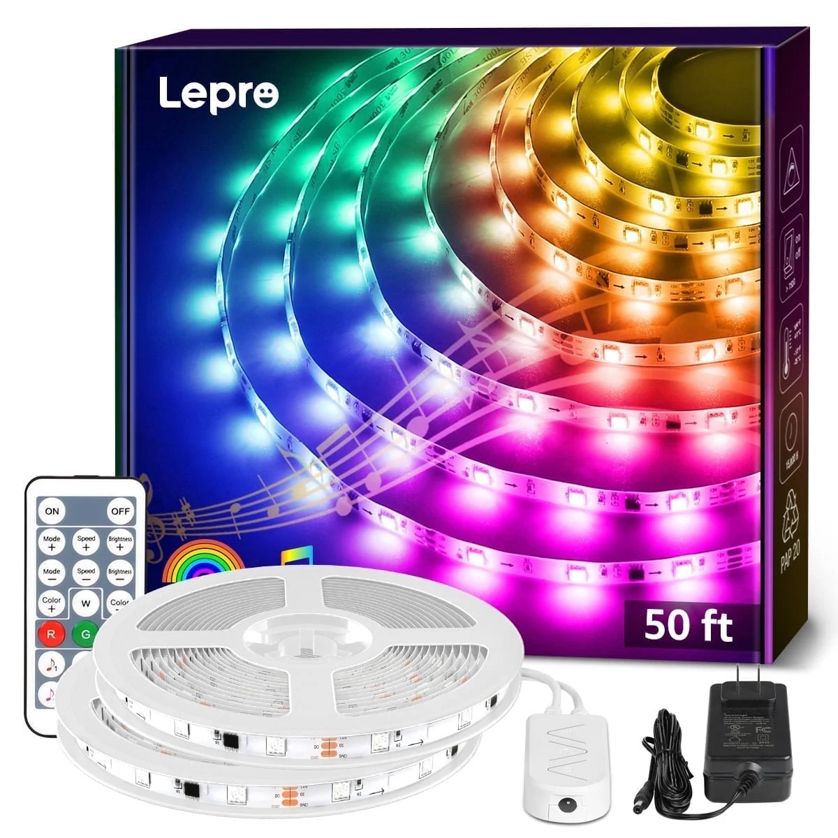 Lepro 49.2ft Music Sync LED Strip Lights for Bedroom, Upgrade 5050 RGB Waterproof Tape Lights with Remote, MagicColor for Christmas Party Decor