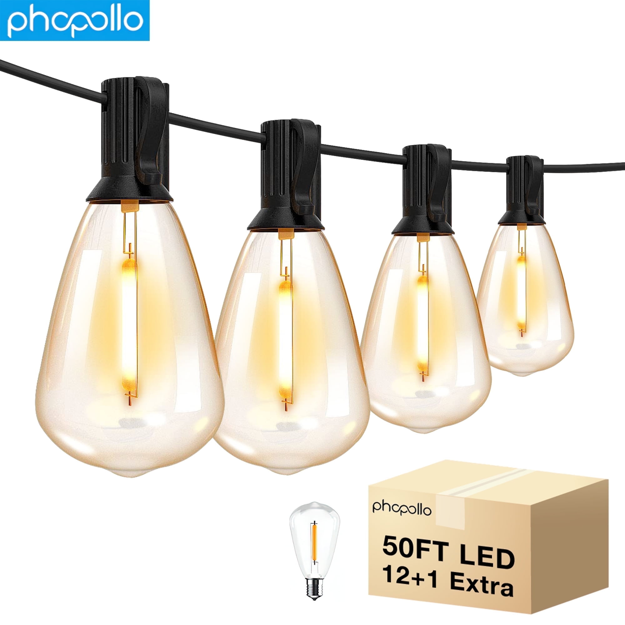 PHOPOLLO ST38 Outside String Lights, 50FT,12+1 Edison Bulbs Shatterproof,2700K Warm Lighting for Garden Camping Patio Porch Backyard Deck Balcony
