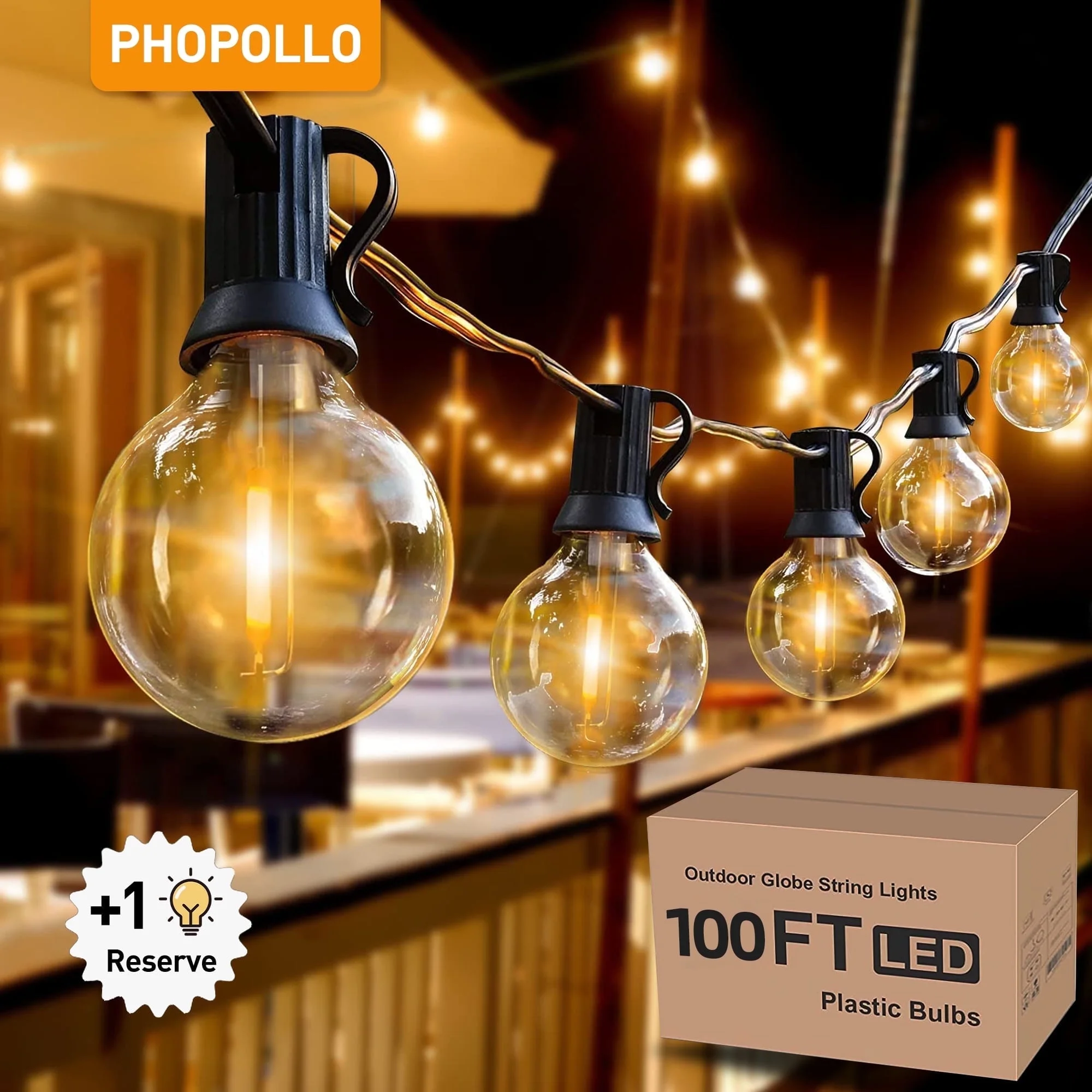 PHOPOLLO G40 LED Outdoor String Lights 100FT, 50 Bulbs 2700K Shatterproof, Waterproof, Hanging Decoration Lights for Porch, Deck, Garden, Backyard, Balcony,Patio.