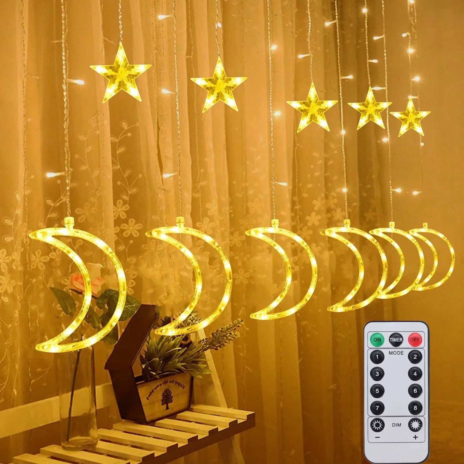 Qoosea 120 LED Curtain String Lights, Star and Moon Lights Fairy Lights, String Hanging with Remote for Bedroom Birthday Wedding Christmas Party Garden Indoor Outdoor Decoration
