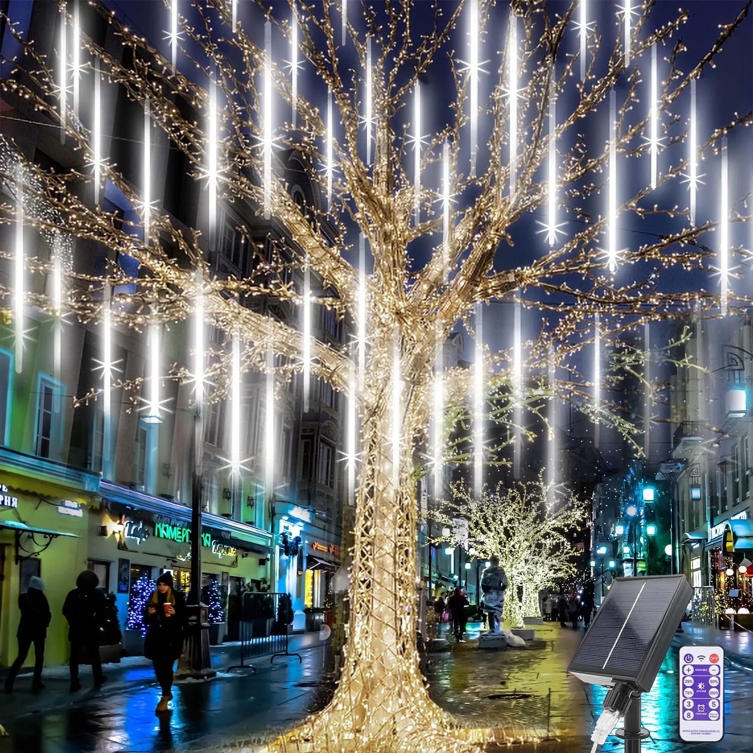 Solar Meteor Shower Icicle Lights - 20" 8 Tubes 288 LED Multicolor Raindrop Lights with Remote Timer - Holiday Party Christmas Decor (White)